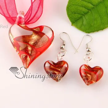 

heart glitter blown lampwork murano glass pendants and earrings jewelry sets cheap fashion jewellery