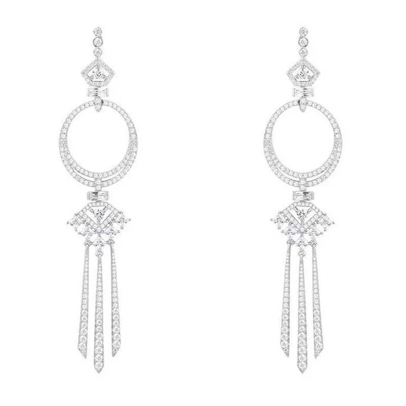 Designer 925 Sterling Silver Long Geometric Tassel Magic Dangle Earrings Micro Cubic Zirconia Women Wedding Party Luxury Jewelry | Украшения