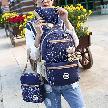 

3 pc/Set Backpack Female Fashion Composite Bag Preppy Style Backpacks For Teenage Girls Canvas School Bags Cute Bear