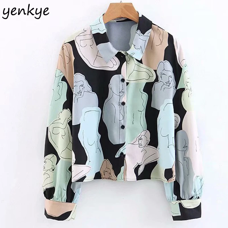 2019 Long Sleeve Printed Shirt Women Turn down Collar