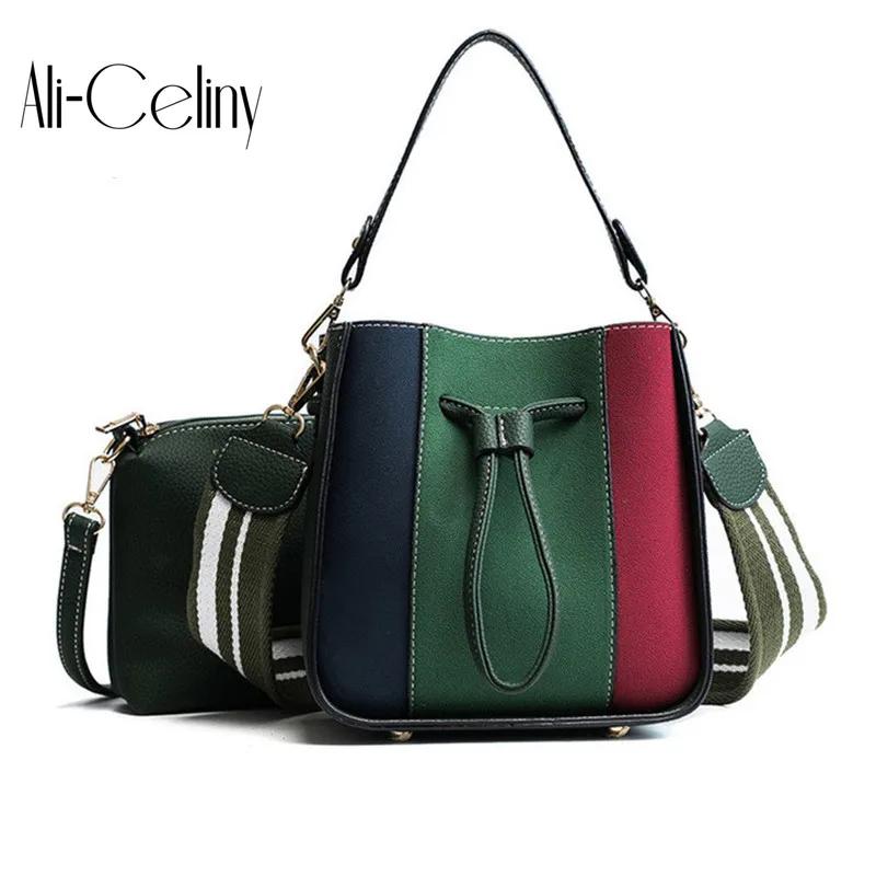 

Luxury Wide Strap Panelled Bucket Bags Women Handbags Fake Designer Handbag 2017 Fashion Shoulder Composite Bag Sac A Main