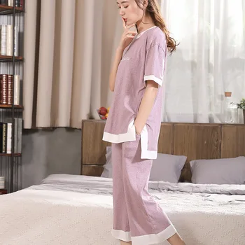 

2018 New Pyjamas Women Cotton Pajamas Pants Set Simple Fashion Loose Home Wear Can Wear Outside Pajamas Two Piece Pajama Set