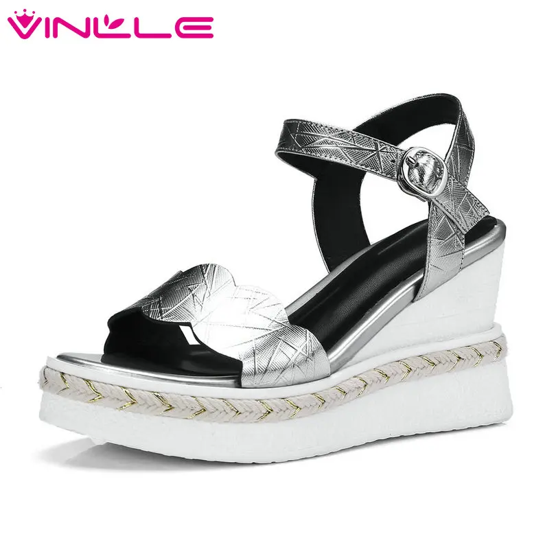 

VINLLE 2018 Fashion Women Sandals Shoes Woman Genuine Leather Slingback Wedge High Heel Ladies Wedding Shoes Size 34-42