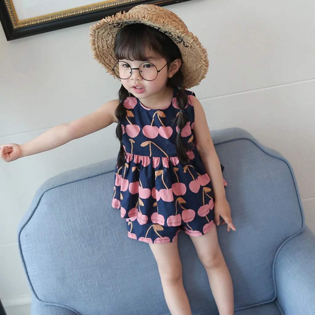  CHAMSGEND Kids Baby Girl Fruit Print Cotton Blend Patchwork Ruffled Tops T Shirt Pants Fashion Outf