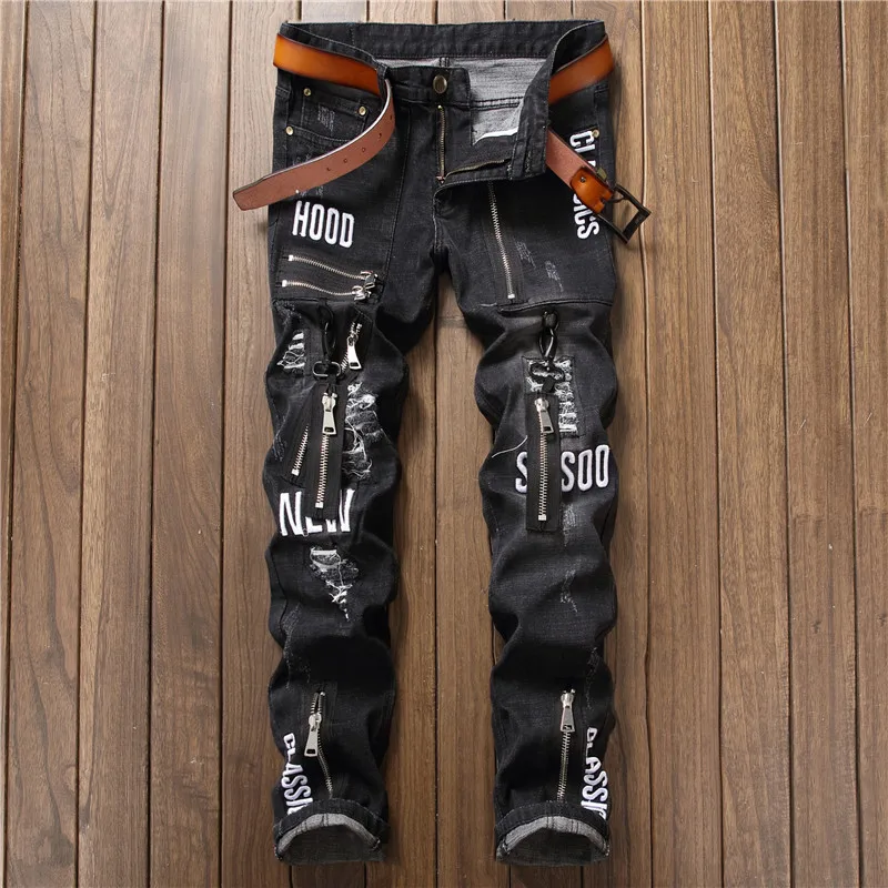 Новые модные мужские Moto джинсы Рваные Pantalones хип-хоп Уличная Байкер Moto лоскутное значки Боковая молния стрейч узкие брюки мужские