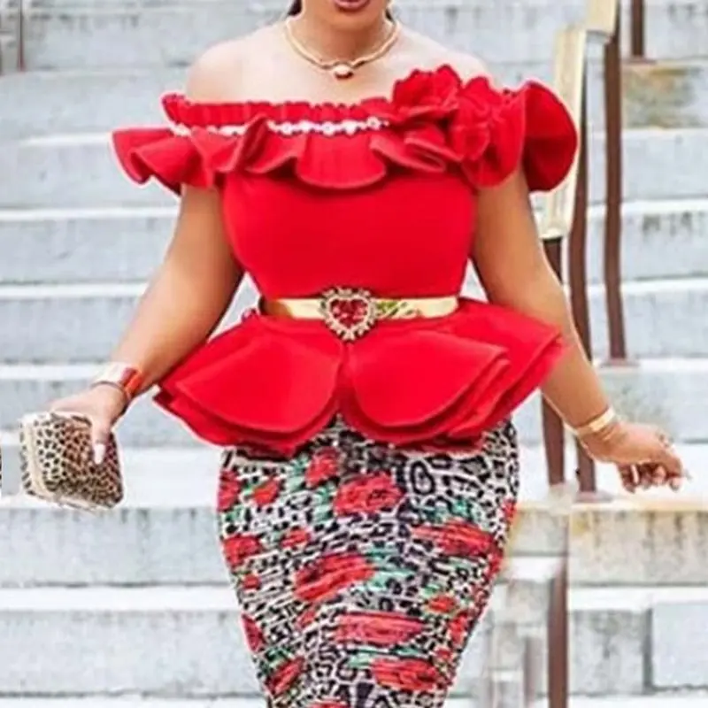 Red Plus Size Sweet Blouse Tops Summer Women Slim Off Shoulder Plain Falbala Chic Vintage African Fashion Tops Shirts Blouse - 33049781193