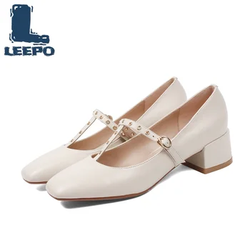 

Mary Jane Shoes Women Genuine Leather Thick Heels Ladies Solid Square Toe Woman Sweet Elegant Off White Brand Heels Shoe