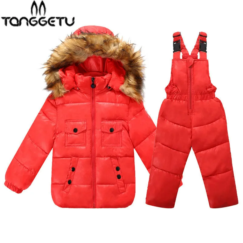 

Winter Children's clothing Sets Warm baby boy Ski suits Snowsuits real Fur Girl's down Jackets Outerwear Coat+suspender jumpsuit