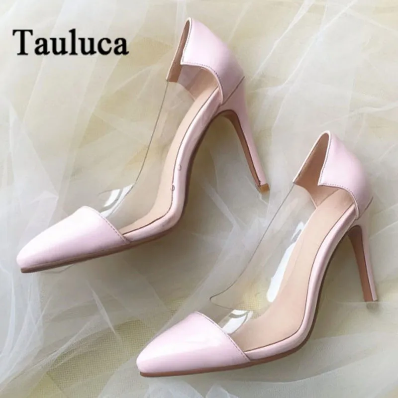 

Sexy Lady Sheepskin High Heel Pumps Pointed Toe Clear PVC Transparent Pumps Shoes Stitching Stiletto Women Party Nightclub Pumps