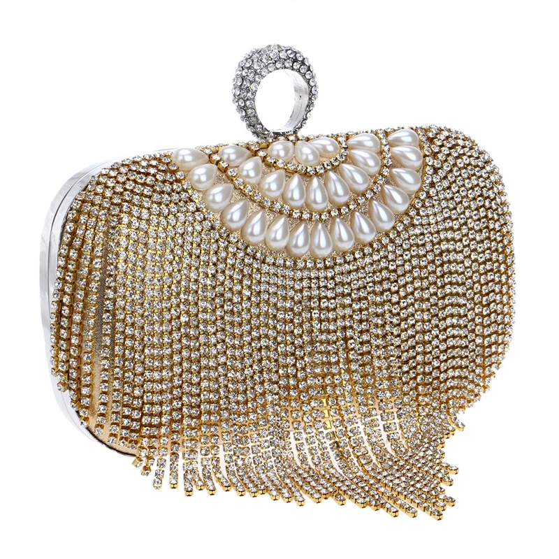 Luxy Moon Tassel Gold Rhinestone Clutch Bag Side View