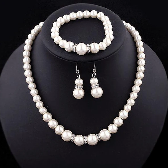 Newest Women Wedding Party Jewerly Set Simple Elegant luxury Crystal Simulated Pearl Necklace Earrings Jewelry Sets 3T040