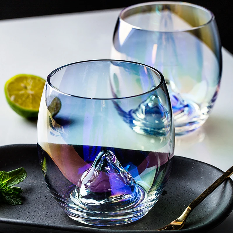 

2 PCS Colorful glass cup home creative trend Mount Fuji iceberg glass whiskey Brandy wine glass cup juice water cup