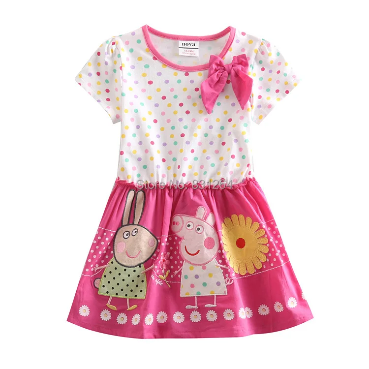 Baby Girl Dress Peppa Pig Clothing Cotton Polka Dot Bow Short Sleeve Fuchsia Color Peppa Summer