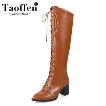 

TAOFFEN Plus Size 33-48 Women High Heels Fur Boots Cross Tied Warm Winter Shoes Women Sexy Pointed Toe Lace Up Knee High Boots