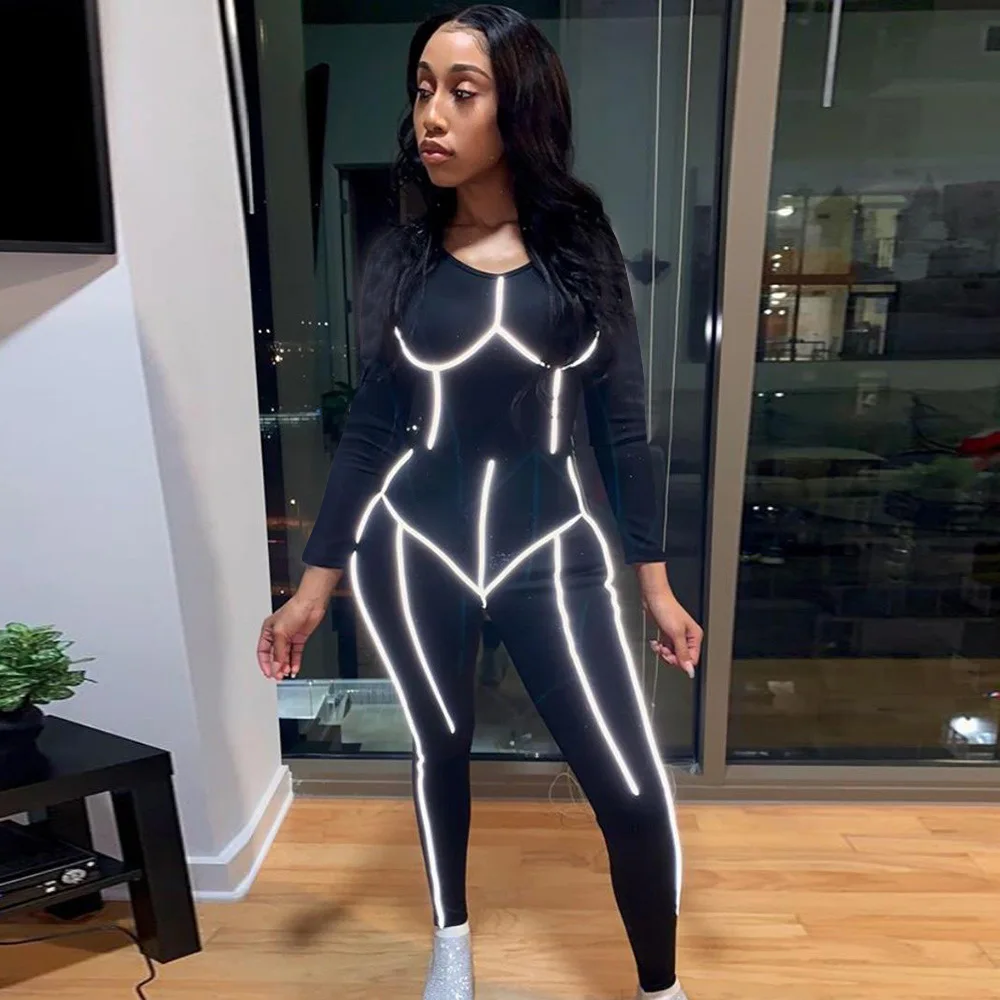 

2019 New Autumn Fitness Long Sleeve Jumpsuits Workout Clothes Yoga Sport Suit One Piece Reflective Strip Tracksuit For Women