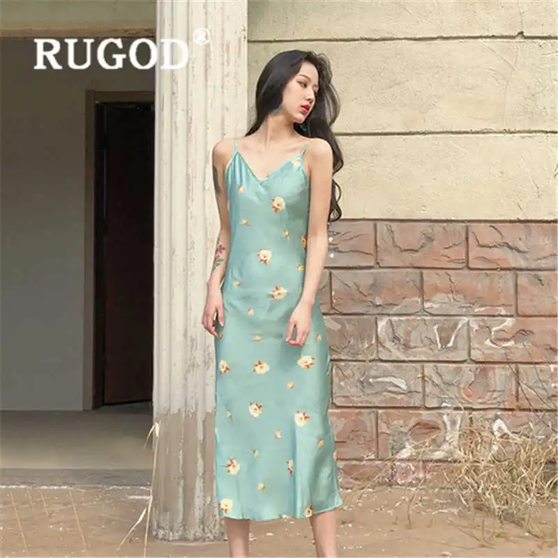 RUGOD Новое поступление цветочное сатиновое платье с принтом женское приталенное летнее платье с высокой талией повседневное женское платье