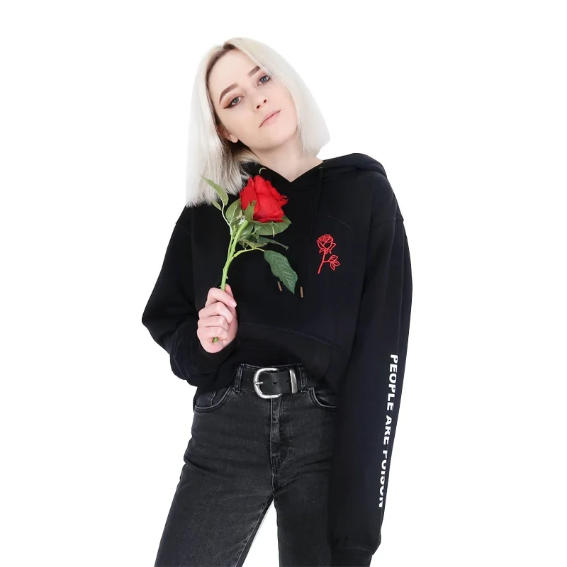 Роза длинный рукав Для женщин черный балахон люди яд роза с длинными рукавами и принтом с капюшоном вдохновил эстетическое бледно-Пастель