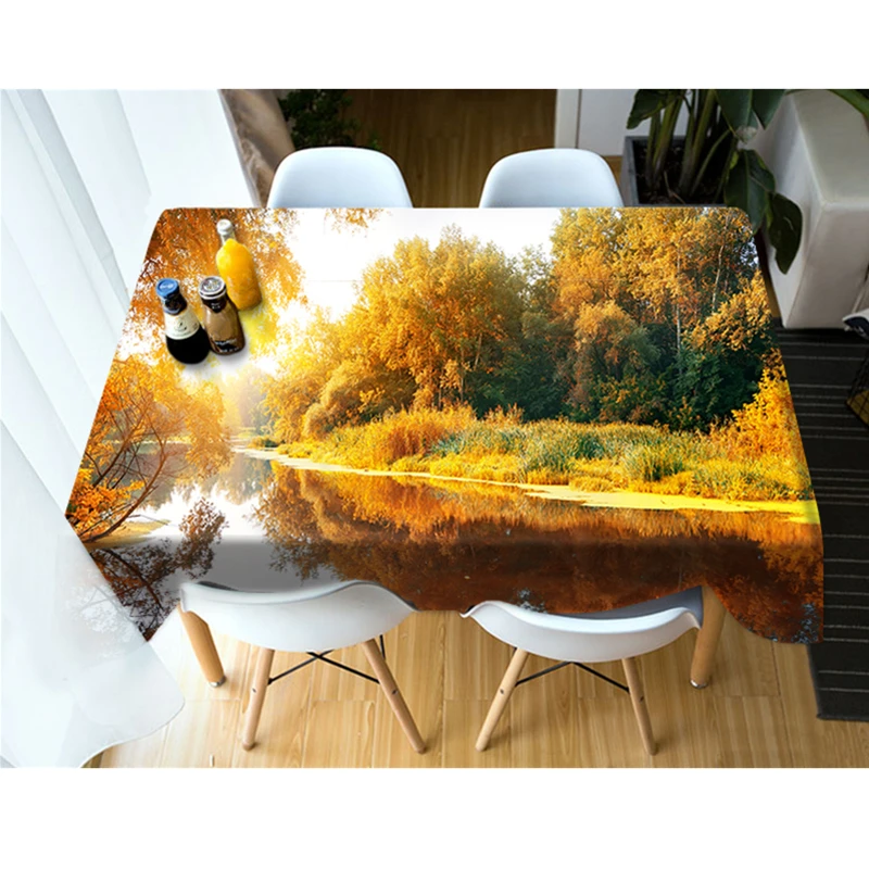 

3D Tablecloth Autumn Senery Golden Leaves Pattern Waterproof Cloth Thicken Rectangular and Round Wedding Table Cloth