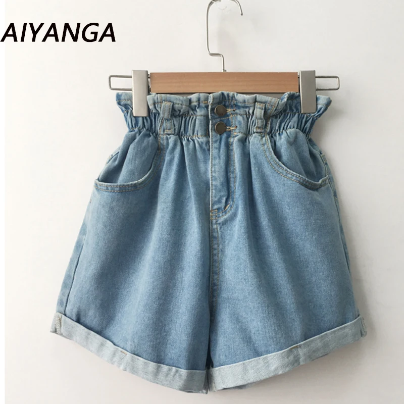 2018 été taille haute Denim Shorts femmes décontracté lâche dames mode retrousser ourlet élastique taille poche bleu blanc Jeans femme