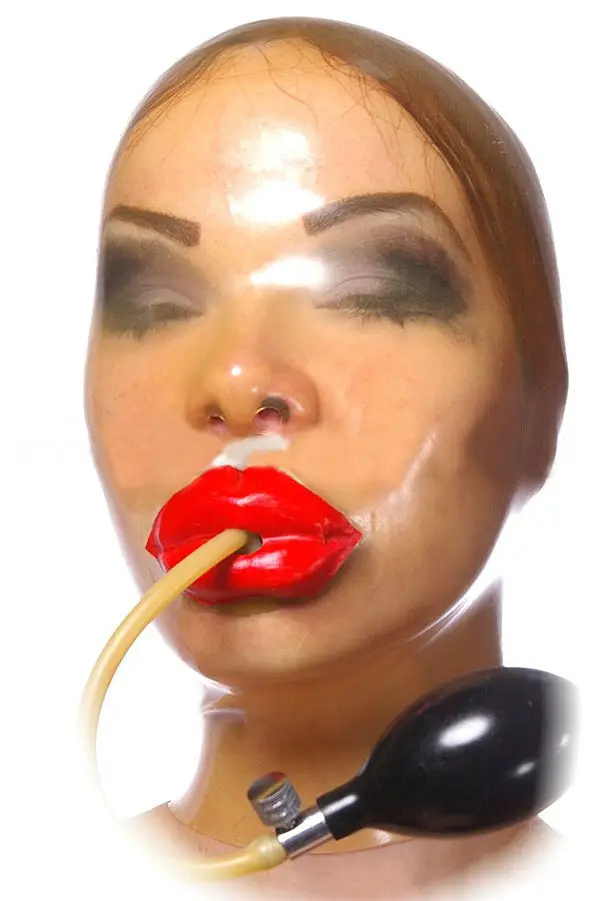 

Latex mask Latex Gummi Rubber Hood Mask With Red Lips and Inflatable Gag