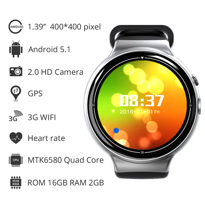 Smart Watch i4 AIR RAM 2GB ROM 16GB 2MP Camera Android 5.1 3G WIFI GPS Google Play Heart Rate Monitor for Android IOS Phone