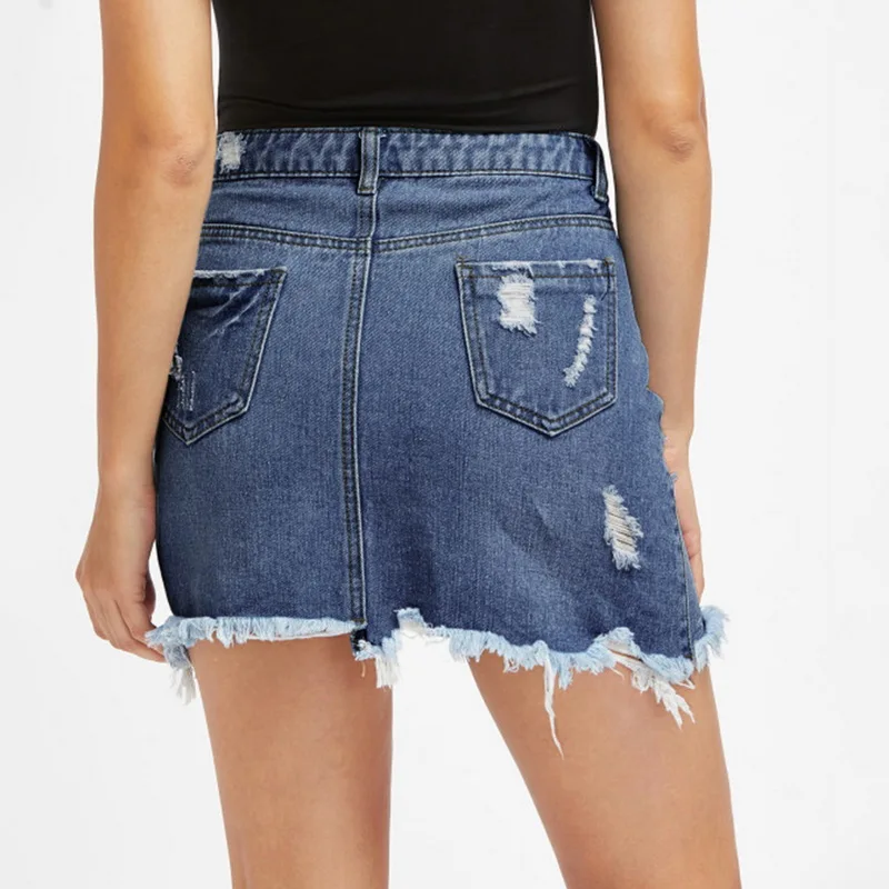 Летняя модная женская Повседневная джинсовая юбка с высокой талией, светильник, потертые мини Узкие рваные юбки