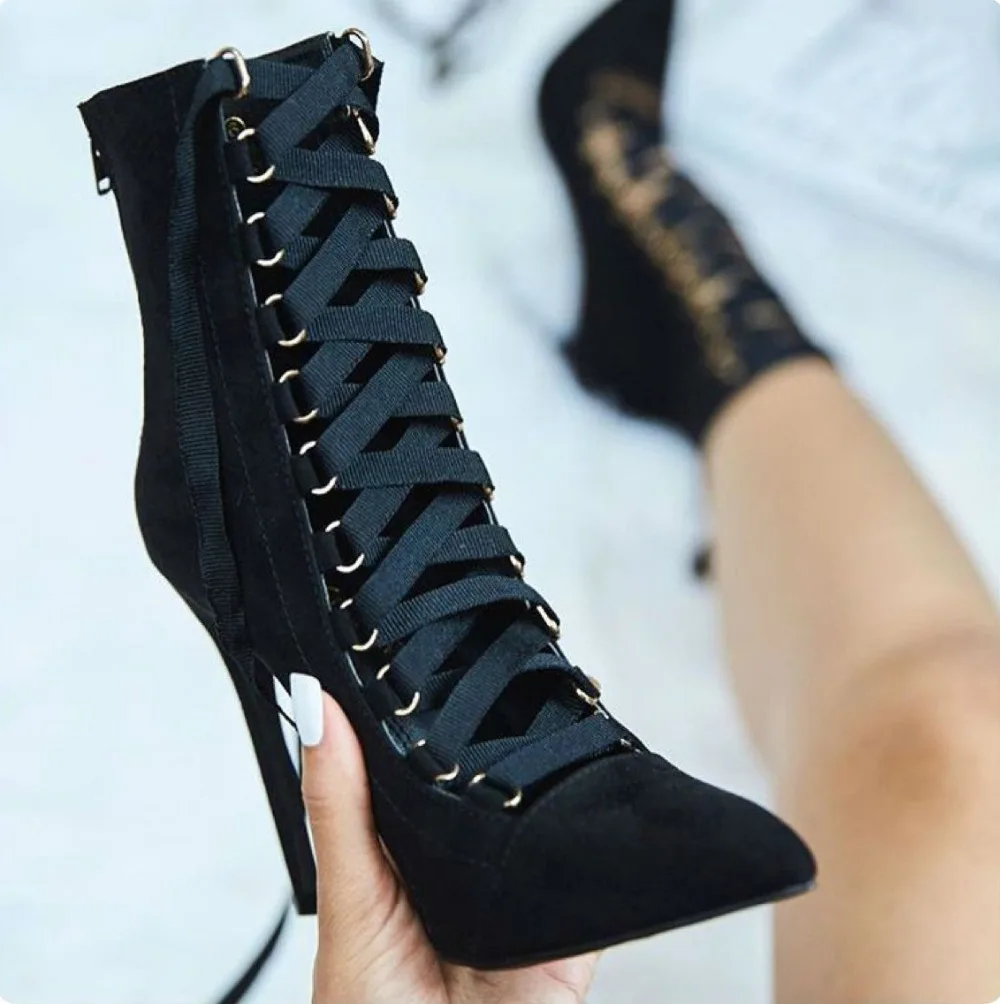 

Punk Women Shoes Ankle Boots Spring Gladiator Roman Short Boots Strappy Lace Up Pointed Toe Stilettos Bootie Sandals Pumps