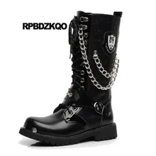 Черный коренастый боевые мех ретро мото боты панк мода военные Плюс размер мужская приукрашенный водонепроницаемый обувь зимняя металик высокие сверху удобные удобная короткие