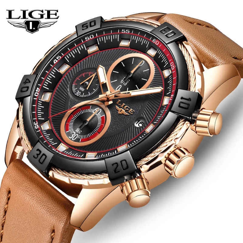 

LIGE Top Brand Luxury Men's watches Fashion Military Simulation Waterproof Sport Watch Leather Sport Men Watch Date Quartz Cloc