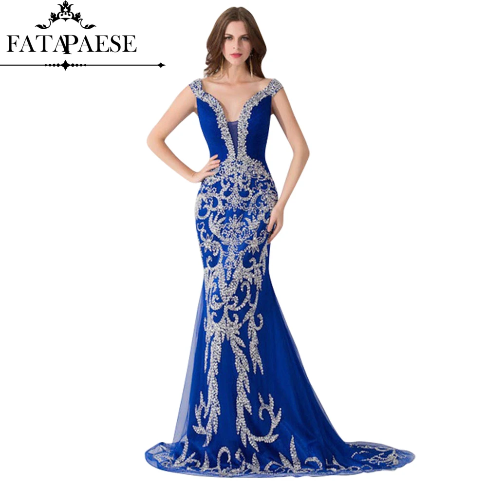 

Royal Blue Evening Dress 2019 New Mermaid Evening Dress V-neck Beading Tulle Party Dresses Long Dress Custom Made Real Photos
