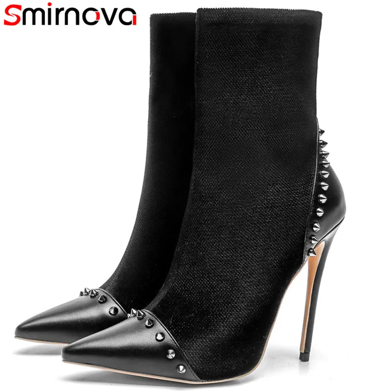 

Smirnova big size 33-43 fashion pointed toe zip shoes woman rivet ankle boots women autumn winter ladies boots flock high heels
