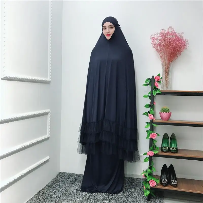 2 Piece Women Prayer Hijab Dress Dubai Muslim Khimar Jilbab Overhead Abaya Clothing Ramadan Skirt Kaftan Solid Color Set Islamic - Цвет: Navy Blue