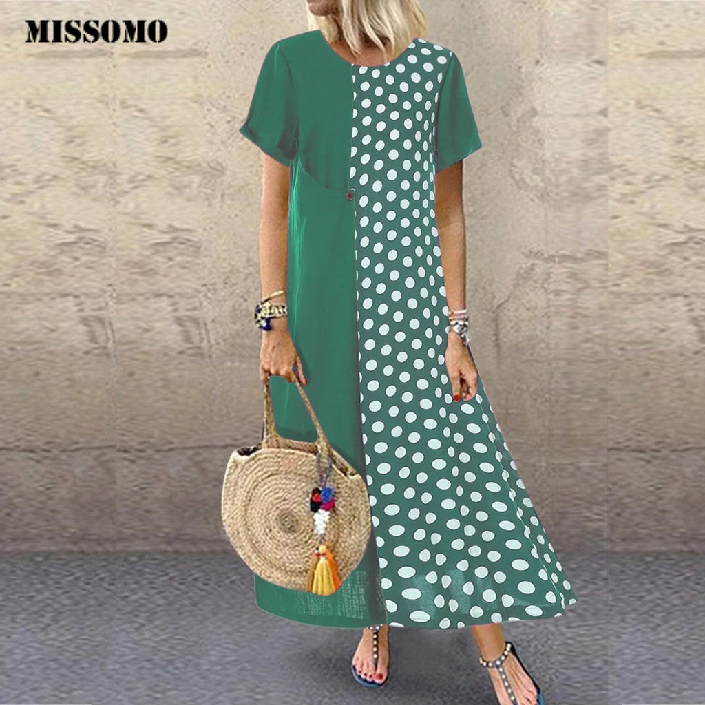 

MISSOMO Plus Size Dress Women Cotton and Linen Dot Print O-Neck Pockets long maxi dress women Casual loose Dress vestidos 711