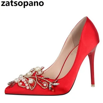 

Zatsopano Pumps Brand Women's Crystal Pumps Pearl Applique Pointed Toe Stiletto Thin Heel High Heels Wedding Shoes Woman Heels