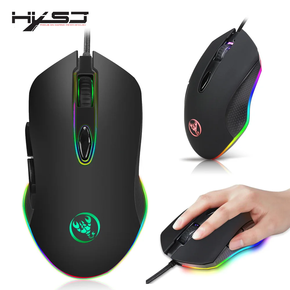 HXSJ Programmable Gaming Mouse 4800DPI 6 Buttons RGB Backlit USB Wired Optical Mouse Gamer for font