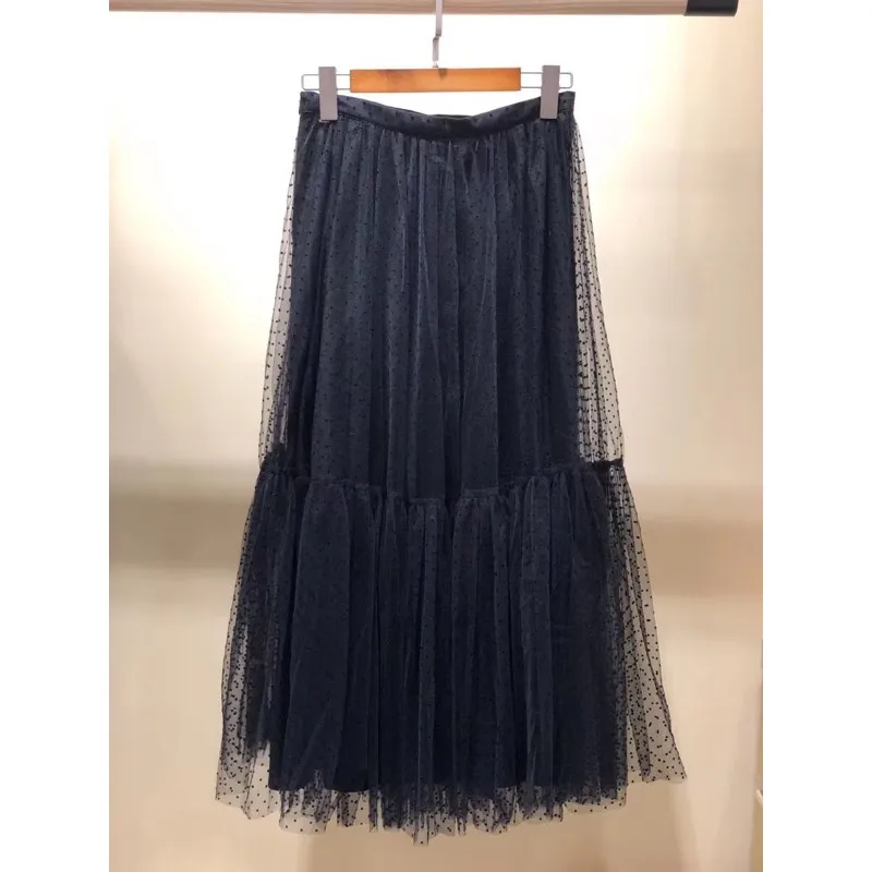 

EXCOSMIC Women Embroidery Long Dot Tutu Skirt High Waist Pleated Tutu Large Elegant Party Pendant Maxi Skirt Fashion Runway