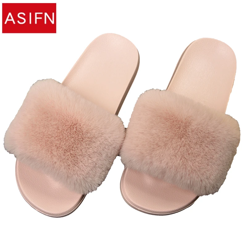 baratas ASIFN Chinelos Mulheres Moda Primavera Verão Outono Mulher Chinelo de Pelúcia Faux Fur Slides Flip Flops Flat Shoes