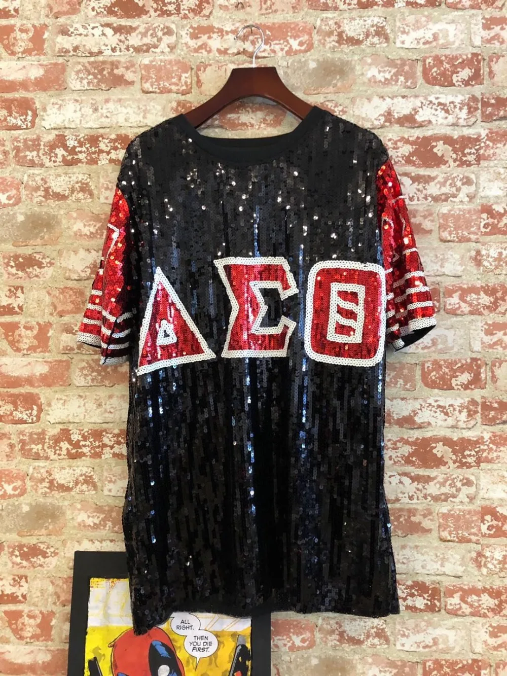

Sequin Long O Neck T shirt red Black Delta Sigma Theta DST Sorority Sequin T Shirt Clothing Party Club Top Loose Clothes