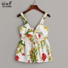 Dotfashion Beige Floral Print Tie Front Shirred Back Cami Tops For Women Summer Casual Clothing Vest Ladies Cute Camisole
