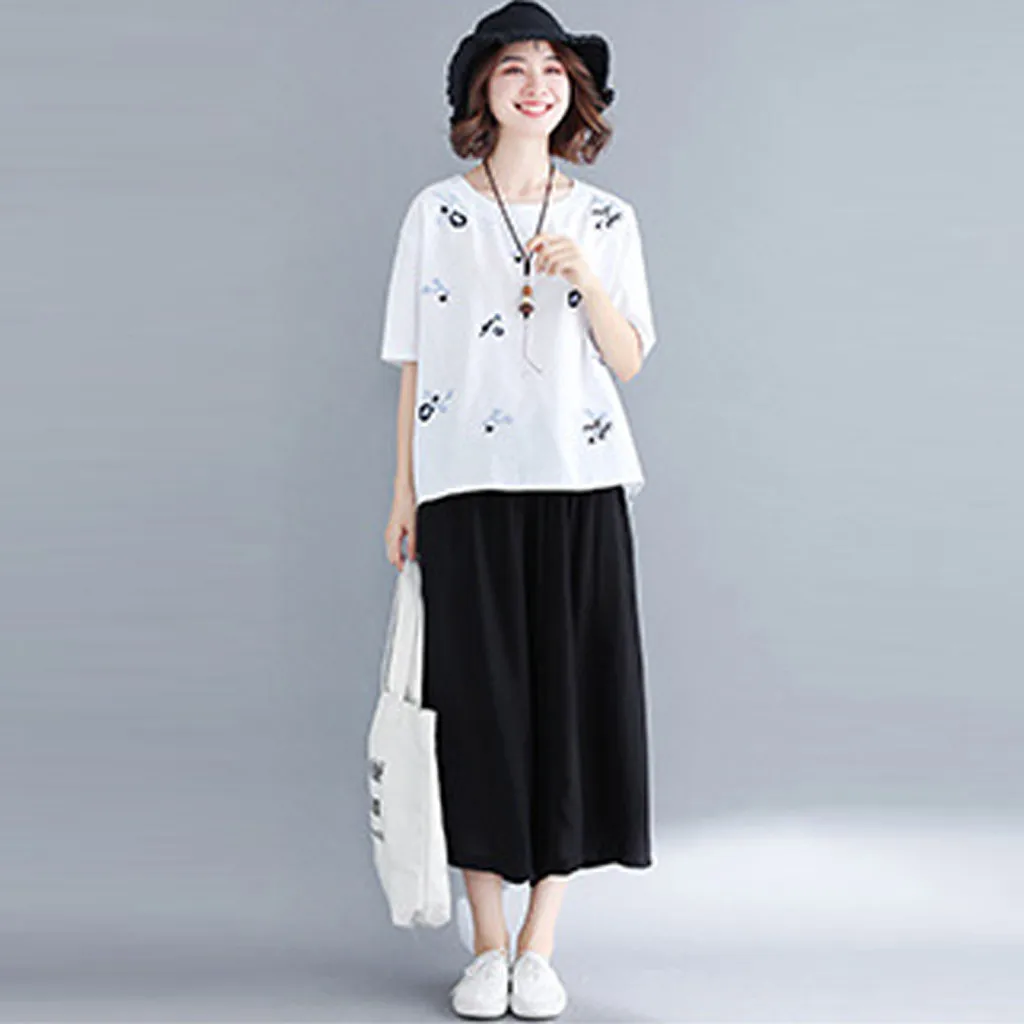Fashion Tops 2019 Women Cotton Linen O-neck Short-sleeved Embroidered Loose Blouse T-Shirt Top
