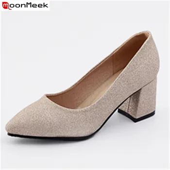 

MoonMeek 2020 spring summer new pumps women shoes slip on shallow pointed toe high heels dress square heel female shoes