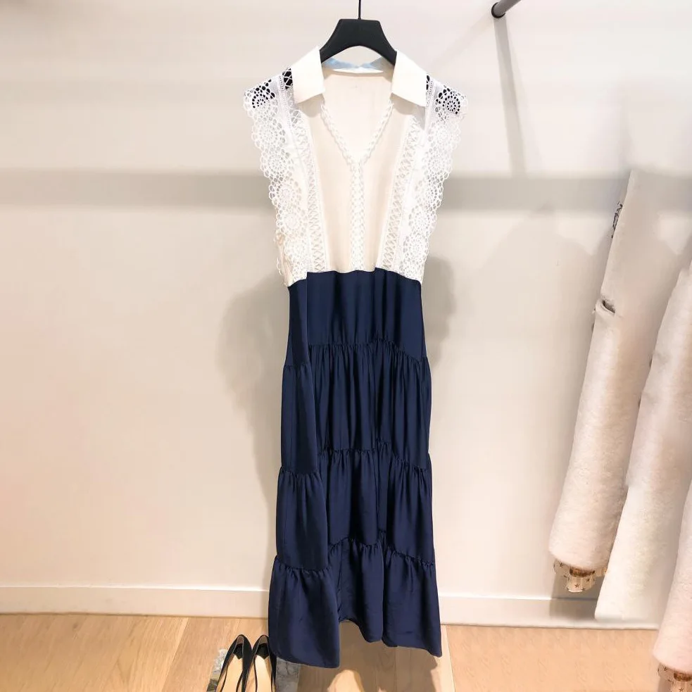 

New Spring and Summer 2019 Lace Dress Women V-Neck Hollow Out Patchwork Straight Sexy Dress Women
