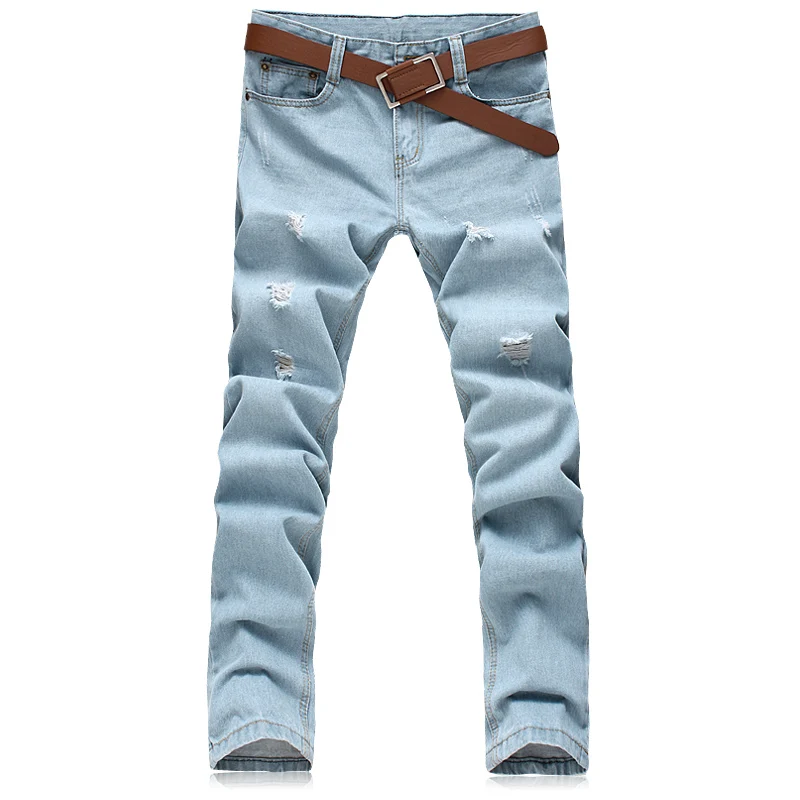 

2019 men Light blue jeans male thin straight denim long trousers loose pants size 28-42 with Holes