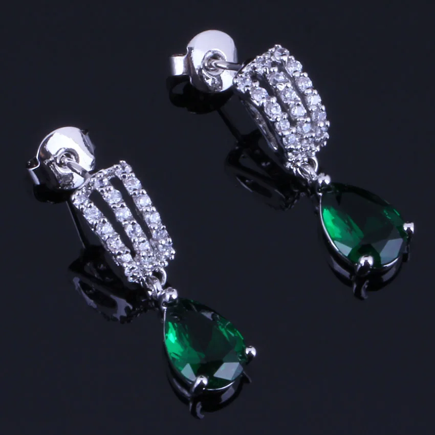 

Stylish Water Drop Green Cubic Zirconia White CZ Silver Plated Drop Dangle Earrings V0374