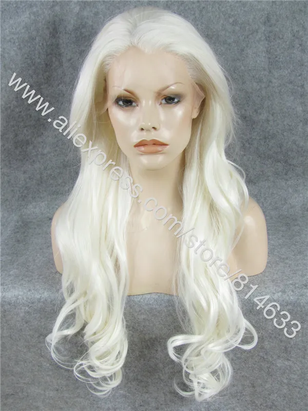 Worthy 1001 White Wavy Wig Extra Long 26" Synthetic Hair Lace Front Wig Fashion Ladies