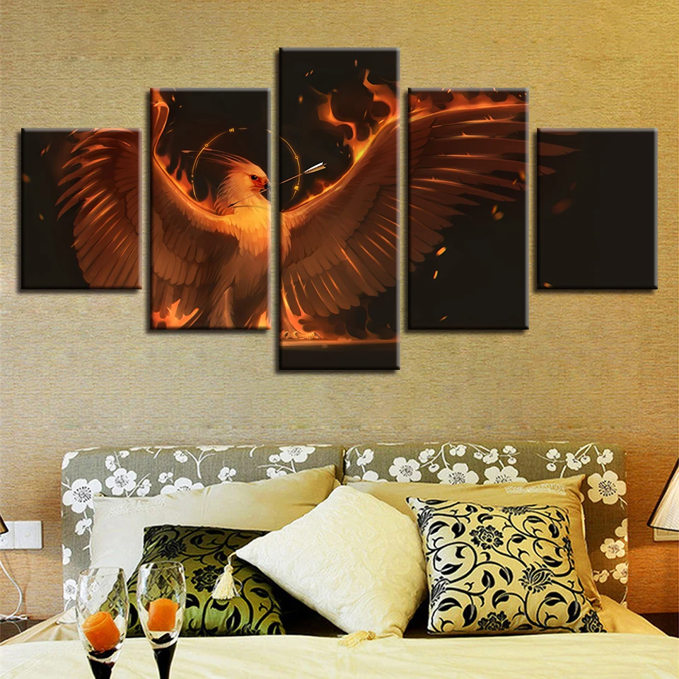 HD Prints Canvas For Living Room Decor Frame 5 Pieces Fire Finches Spread Wings Pictures Bird Poster Modular Painting Wall Art | Дом и сад
