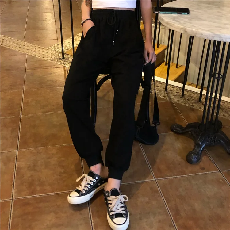 Летние корейские брюки, свободные черные тонкие штаны с эластичным поясом, белые спортивные брюки с высокой талией, повседневные длинные женские брюки NS1273