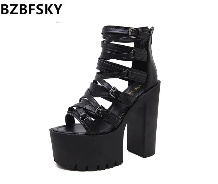 

BZBFSKYFashion Buckle Women's Sandals High Heels Summer Shoes Platform Back Zipper Comfortable Gladiator Sandals Women For Party