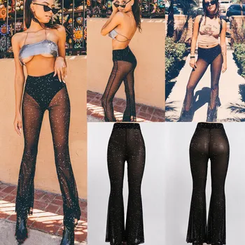 

Hirigin Women Lady Sexy Highlight Mesh Beach Vacation Trousers Sunscreen Perspective Flare Long Pants