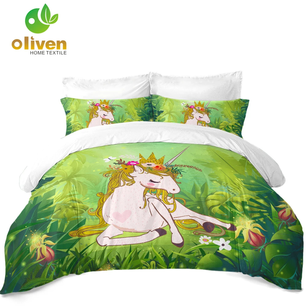 

3D Princess Unicorn Bedding Set Sugar Cartoon Duvet Cover Set Green Plant Leaves Print Bedding Girls Gifts Bedroom Decor D25